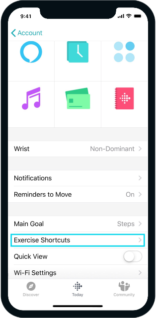 Fitbit 应用程序账户设置，其中“锻炼快捷方式”按钮高亮显示